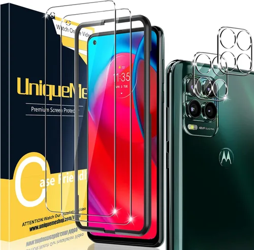 UniqueMe Paquete de 2 + 2 protectores de pantalla compatibles con Motorola Moto G Stylus 5G 2021 de vidrio templado + protector de lente de cámara