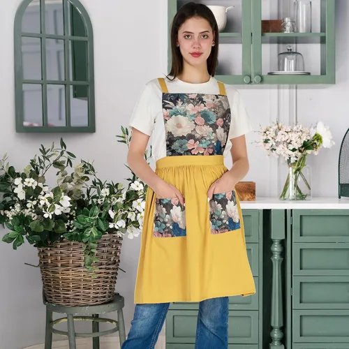Miniatura 4 de Delantal Vintage Lindo para Mujer con Bolsillos, Delantal con Espalda Cruzada para Cocinar, Hornear, Cocina, Jardinería Amarillo