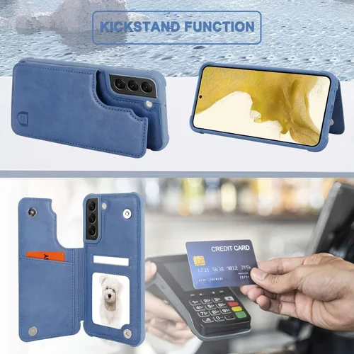 Miniatura 5 de VANAVAGY Funda tipo cartera compatible con Galaxy S22 con soporte para tarjetas de bloqueo RFID, piel sintética, cierre magnético, función atril