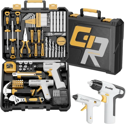 GRENPRO Juego de herramientas con taladro, 188 piezas de kit de herramientas para el hogar con taladro inalámbrico, kit de herramientas manuales