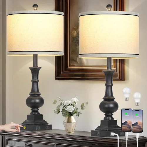 Juego de 2 lámparas de mesa estilo granja, lámparas de noche vintage con puertos de carga USB A+C y salida de CA, lámpara rústica de 26 pulgadas