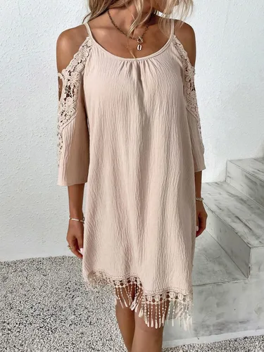 Miniatura 5 de WDIRARA Vestido corto de encaje con hombros descubiertos y cuello redondo, dobladillo con flecos para mujer