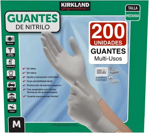 Guantes de nitrilo Kirkland Signature, caja de 200, tamaño mediano para atención médica, servicio de alimentos, uso doméstico y otros.