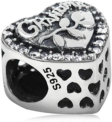 Miniatura 4 de Abalorio de plata de ley 925 con forma de corazón para mujer, con dije de amor a la abuela, Plata esterlina