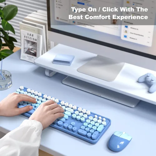 Miniatura 76 de KNOWSQT Combo de teclado y ratón inalámbrico, teclados lindos de tamaño completo estilo máquina de escribir 2.4G azul colorido - receptor USB Plug