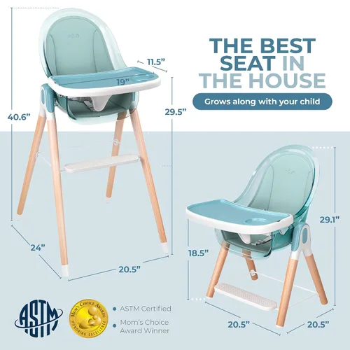 Miniatura 5 de Silla alta de madera de lujo 6 en 1 para bebés y niños pequeños, moderna, segura y compacta, fácil de limpiar y montar, bandeja y cojín extraíbles