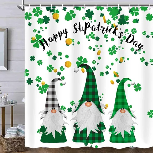 MERCHR Cortina de ducha del día de San Patricio, trébol verde, hoja de trébol, diseño de elfo irlandés, gnomo irlandés, tela decorativa a cuadros de
