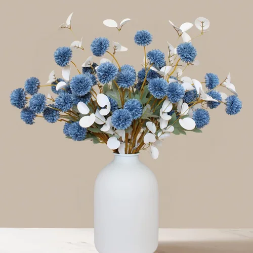 Miniatura 8 de Flores azules polvorientas de imitación, tallos florales azules y blancos para centros de mesa, flores artificiales de madres falsas, flores azules
