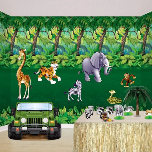 Miniatura 2 de Beistle Accesorios de animales de la selva: decoraciones de pared con temática de safari grande con diseños de jirafa, tigre, elefante, cebra, mono