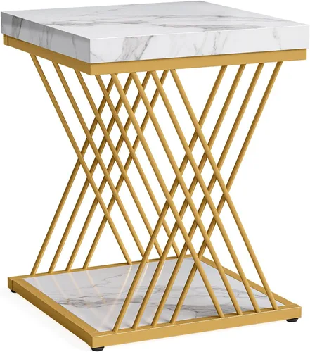 Miniatura 9 de Tribesigns Mesa auxiliar cuadrada de oro blanco, mesa auxiliar de 2 niveles, moderna y pequeña, con almacenamiento para sofá, sillas con marco