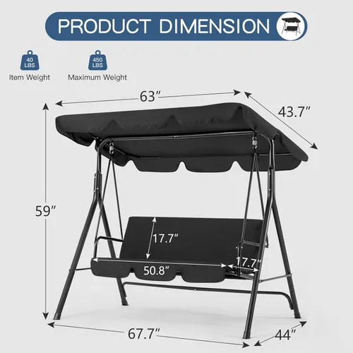 Miniatura 3 de Esright Columpios de Patio para Exteriores, Columpios de Patio Deslizadores de 3 Asientos con Cojín Extraíble y Toldo Ajustable, Banco de Porche