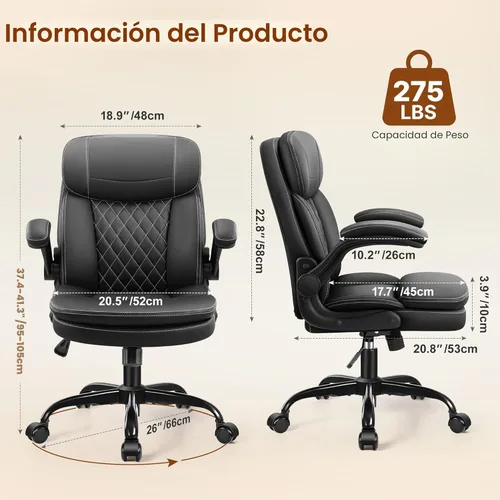 Miniatura 2 de Silla de oficina de cuero, sillas de escritorio de computadora de poliuretano mejoradas con cojín de asiento de doble capa y reposaespaldas, Negro