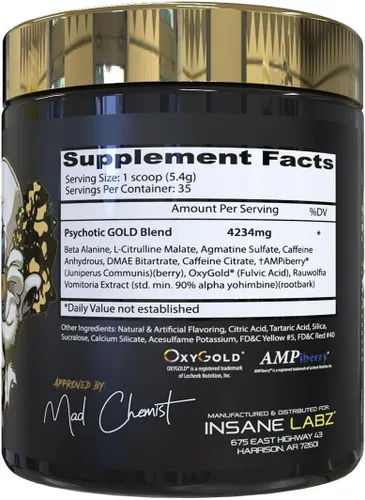 Miniatura 2 de Insane Labz Psychotic Gold, polvo de preentrenamiento altamente estimulante, energía extrema duradera y concentración, bombas y resistencia con beta