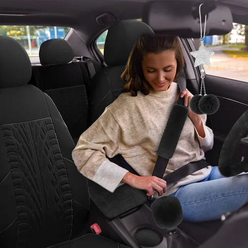 Miniatura 7 de Juego completo de 17 fundas de asiento de coche para mujeres, funda universal para asiento de coche, funda de volante de felpa, funda de freno