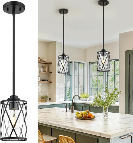 Beionxii BX-PL07BK - Lámpara colgante de cristal para isla de cocina, moderna color negro, iluminación colgante de jaula industrial de granja con