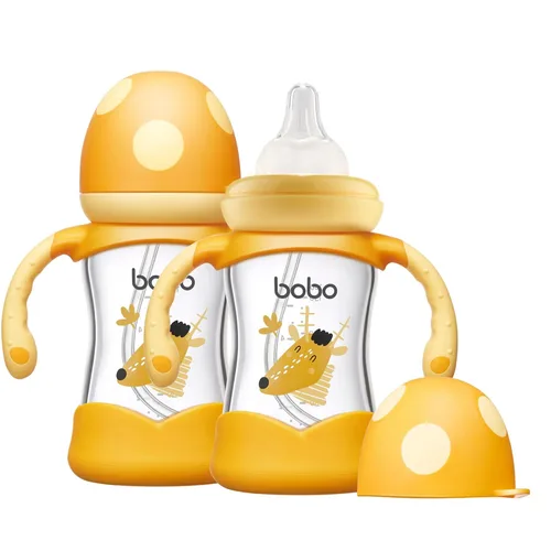 YOHKOH Biberón de vidrio natural con pezón de respuesta natural, biberones de cuello ancho con asa, juego de biberones anticólicos para recién