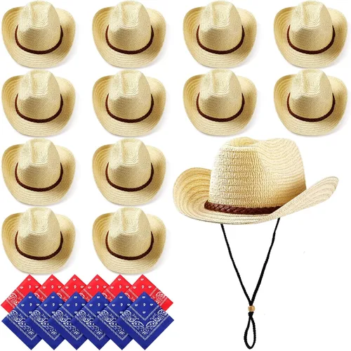 SATINIOR - Juego de 12 sombreros de vaquero de paja y bandanas para fiesta, sombrero de vaquero para fiesta, disfraz y bandana, accesorios
