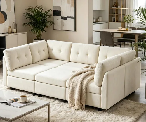 VANOMi Sofá modular modular con otomana, sofás seccionales de 5 plazas para sala de estar, cómodo sofá nube de felpilla para sala de estar, Blanco