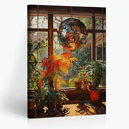 Póster de estilo vintage de los años 70 con bola de discoteca interior en conservatorio, decoración artística cálida y estética, coloridas plantas