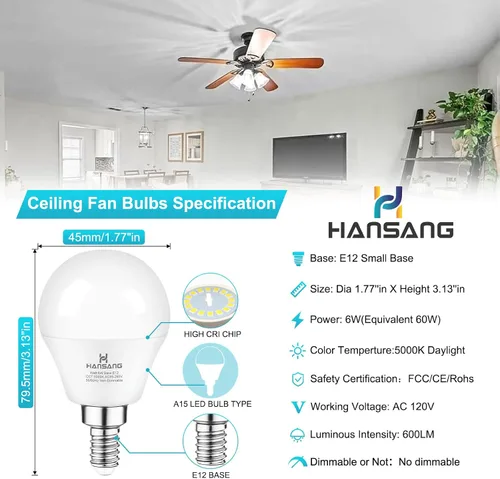 Miniatura 3 de Paquete de 6 unidades de bombillas led E12 candelabro, luz blanca diurna de 5000 K, bombillas led para ventilador de techo equivalentes a 60 vatios