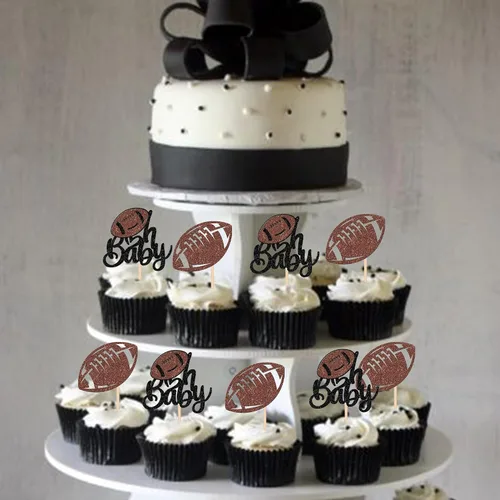 Miniatura 3 de Oh Baby - Juego de 24 adornos para cupcakes de fútbol americano con purpurina para decoración de cupcakes de fútbol americano para superrugby