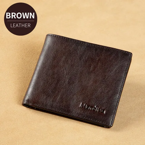 Miniatura 7 de Cartera de piel auténtica para hombre, con bloqueo RFID, plegable, elegante, con 2 ventanas de identificación, Marrón, Minimalista