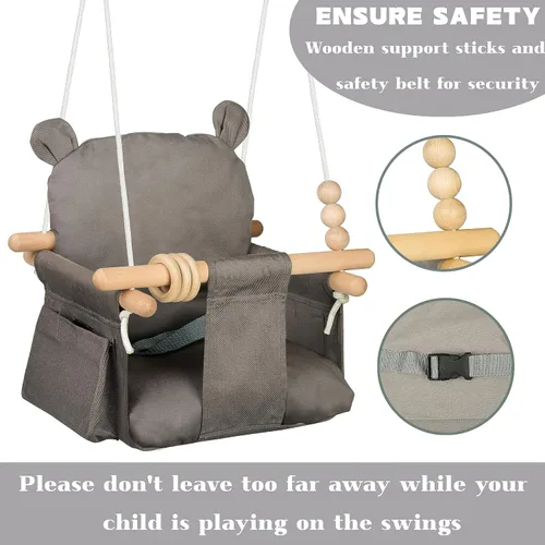 Miniatura 3 de Asiento de columpio colgante para bebé, silla de juguete de lona para niños pequeños con 2 bolsillos laterales para juegos en interiores, deportes