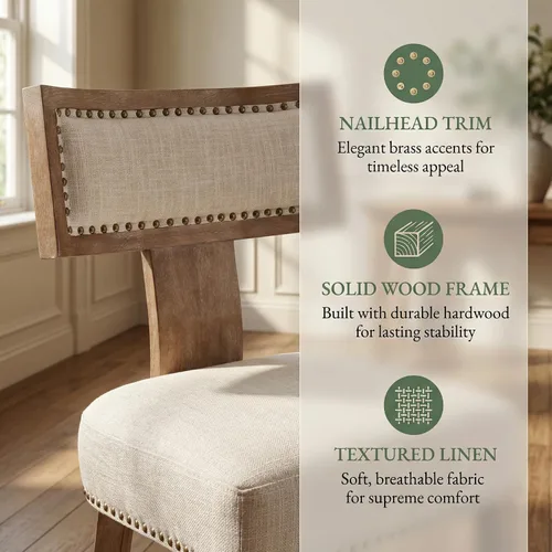 Miniatura 3 de VESCASA Sillas de comedor tapizadas de lino con patas de madera natural, modernas sillas de comedor acolchadas con ribete de cabeza de clavo