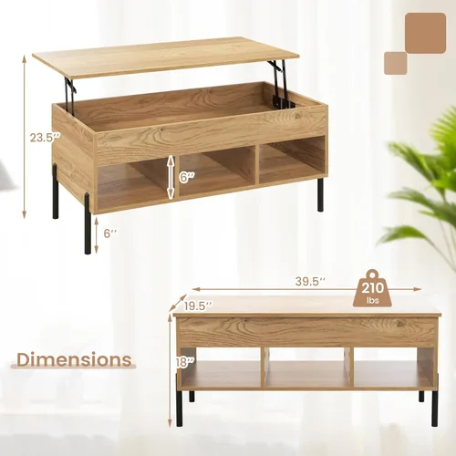 Miniatura 2 de Giantex Mesa auxiliar elevable, mesa rectangular de madera con compartimento oculto y estantes de almacenamiento abiertos, mesa central moderna