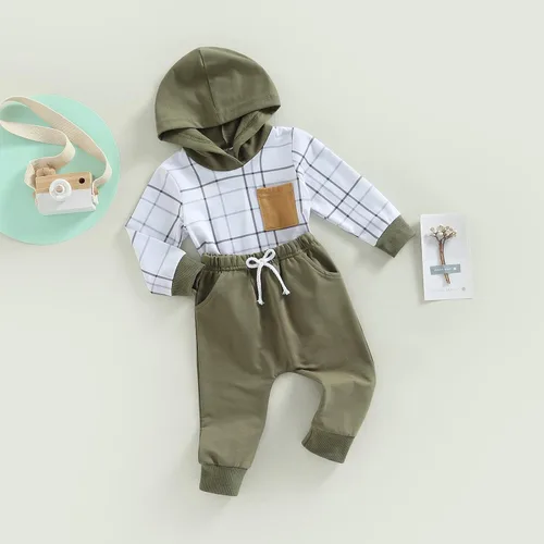 Miniatura 46 de Ropa de bebé niño 3 6 9 12 18 24M 3T Conjunto de pantalones con capucha patchwork sudadera con capucha pantalones de rayas traje de otoño invierno