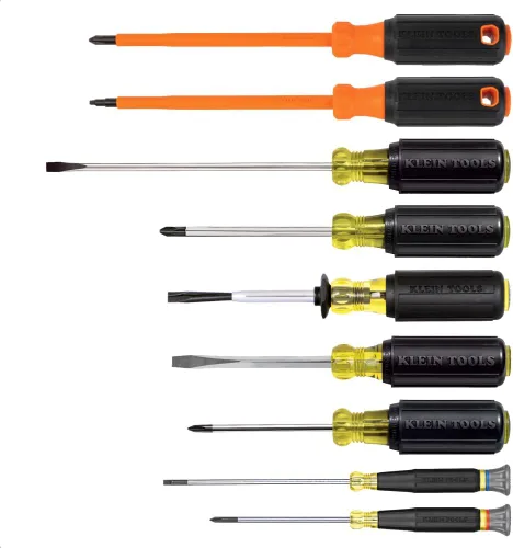 Klein Tools 85850 Juego de 9 herramientas para electricistas con (3) destornilladores Phillips, (3) destornilladores ranurados, (1) destornillador
