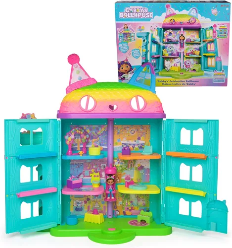 DREAMWORKS GABBY'S DOLLHOUSE, Casa de muñecas de celebración de 14 piezas, 25 pulgadas de alto, con figuras de juguete, muebles de casa de muñecas y