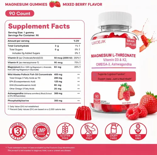 Miniatura 2 de Gomitas de magnesio L-treonato – con vitamina D, K2 y aceite de pescado Omega-3 – Salud cerebral, memoria y apoyo para el sueño, sin OMG, sabor a