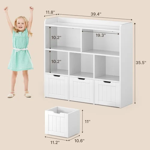 Miniatura 2 de Gizoon Organizador de almacenamiento de juguetes con 3 cajones móviles y 6 estantes abiertos, estantería para niños con barrera de prevención
