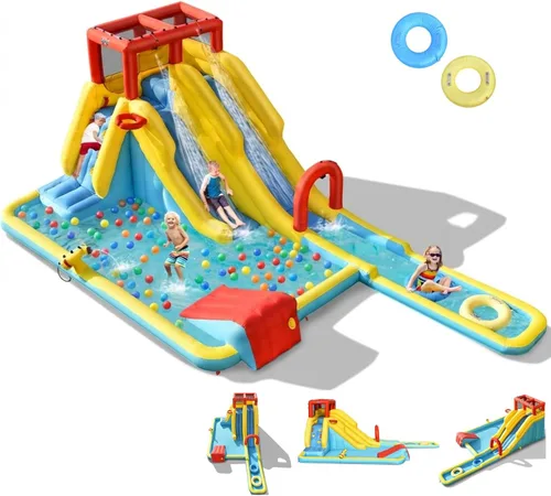 BOUNTECH Tobogán acuático inflable, toboganes de surf duales para niños, parque de toboganes de agua, castillo inflable con 2 anillos de natación,