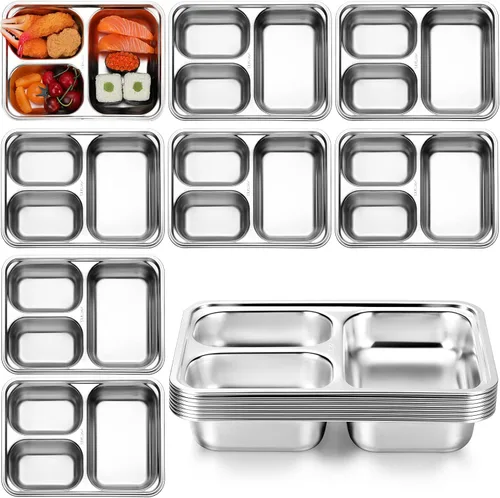 Zopeal Paquete de 8 platos divididos de acero inoxidable 304 bandejas rectangulares de metal para adultos y niños, control de porciones de