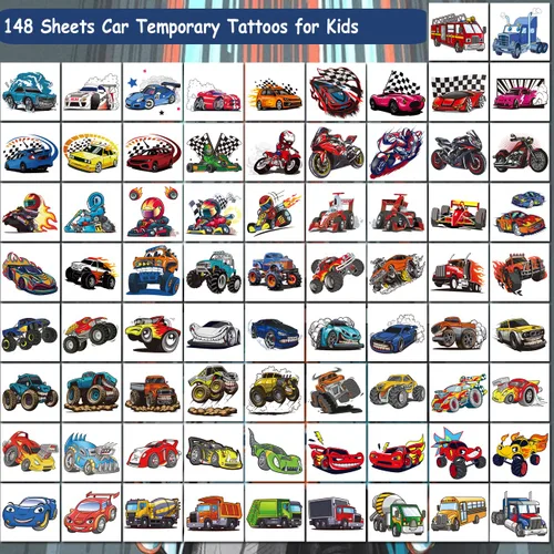 Miniatura 2 de CHARLENT 148 tatuajes temporales de autos de carreras y camión monstruo para niños, tatuajes individuales de automóvil GoKart para niños, regalos