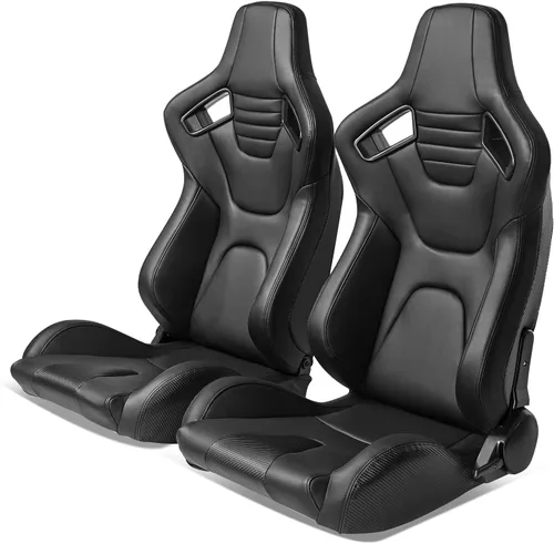 Miniatura 40 de IKON MOTORSPORTS, Asiento universal de carreras PU + cuero de carbono + gamuza, con deslizadores dobles, asiento deportivo reclinable negro