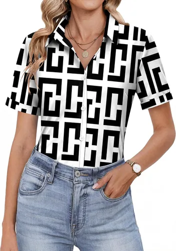 Miniatura 9 de HOTOUCH Camisas con botones para mujer, camisas de vestir de manga corta, blusas casuales de negocios, blusa de trabajo de oficina
