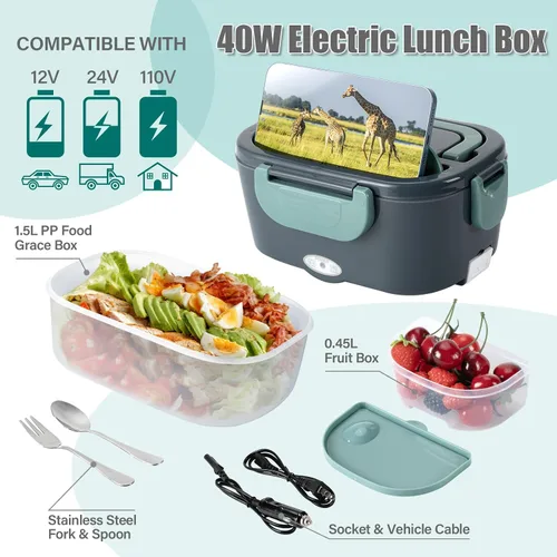 Miniatura 4 de Fiambrera eléctrica para adultos, 1.5L de gran capacidad de calefacción Bento, lonchera portátil para oficina, coche y camión