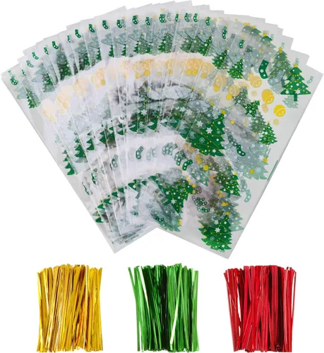 Miniatura 9 de Boao 100 bolsas de celofán, bonitas bolsas de golosinas transparentes con 150 lazos giratorios para suministros de fiesta (estilo navideño 11)