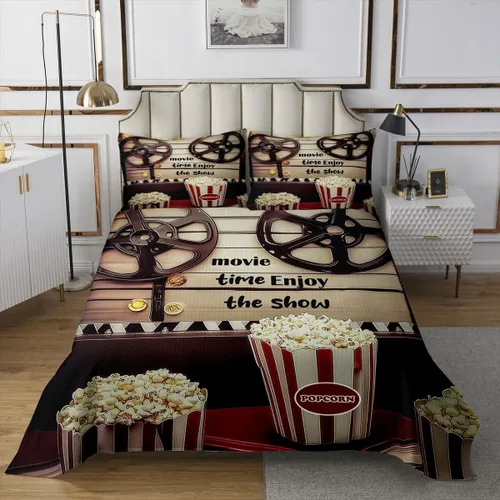 Miniatura 2 de Homewish Theater Cinema Poster Quilt Sets Twin Size,Retro Movie Bedspread Coverlet 2Pcs for Kids Girls Boys Room Decor,Popcorn Quilts Set Movie