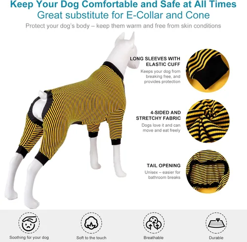 Miniatura 5 de LovinPet - Pijama y camiseta de algodón puro para perros gigantes, diseño a rayas de color amarillo y negro, de 4 patas, protección que cubre todo