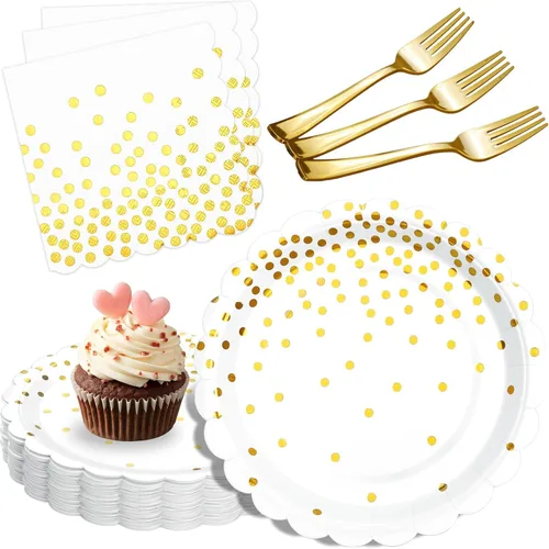 Miniatura 10 de 175 piezas de decoración de fiesta verde y dorada - Suministros de fiesta con platos y servilletas verdes - Platos de papel festoneados