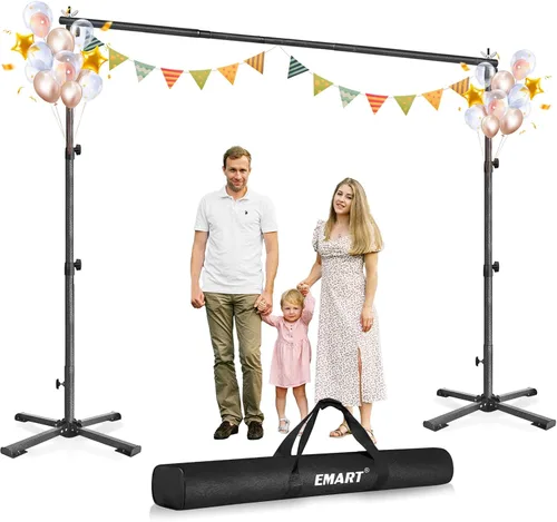 Kit portátil de soporte para telón de fondo Emart con base plana cruzada plegable, altura ajustable de 2,6 m, ancho de 3 m, tubo y marco colgante
