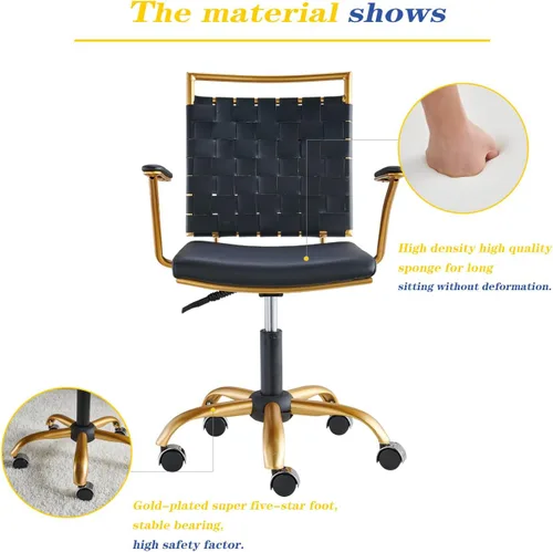 Miniatura 7 de Cómoda silla de oficina con respaldo medio, silla de escritorio de cuero dorado y negro con respaldo tejido y cojín grueso, silla giratoria