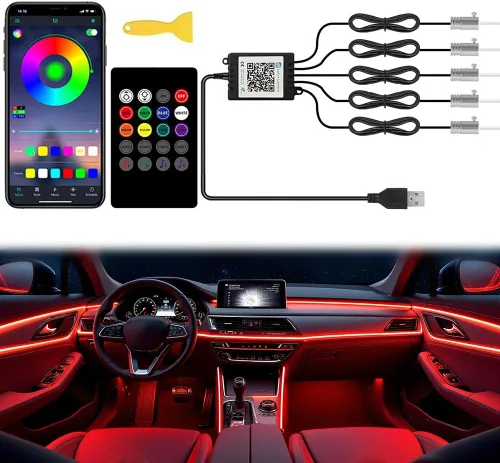 Luces LED de Tira para Interior de Automóvil, TEKSHINNY RGB Luz LED Interior de Automóvil Control Inalámbrico por APP y Remoto, Kit de Iluminación