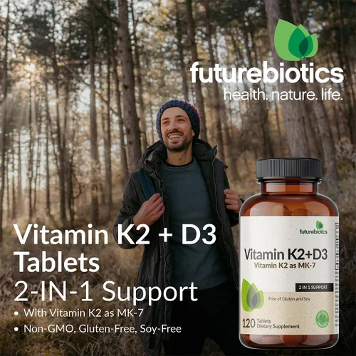Miniatura 3 de Futurebiotics Vitamina K2 con D3, soporte 2 en 1, 5000 UI de vitamina D3 y 90 mcg de vitamina K2 MK-7 sin OMG, 120 tabletas