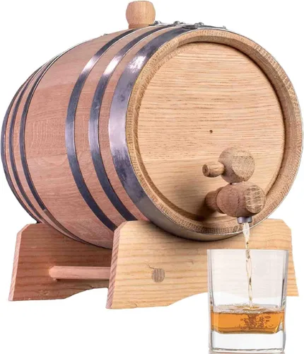 Miniatura 11 de Barril de envejecimiento de roble de 1 galón (Serie de destilería - aros de acero, sin barnizar) con soporte de madera, boung y espita - Barriles