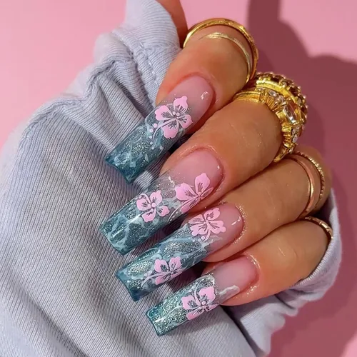 Miniatura 9 de MISUD Uñas a presión – Uñas cuadradas largas con pegamento rosa y negro, acrílico Y2K diseño de dijes de 24 piezas